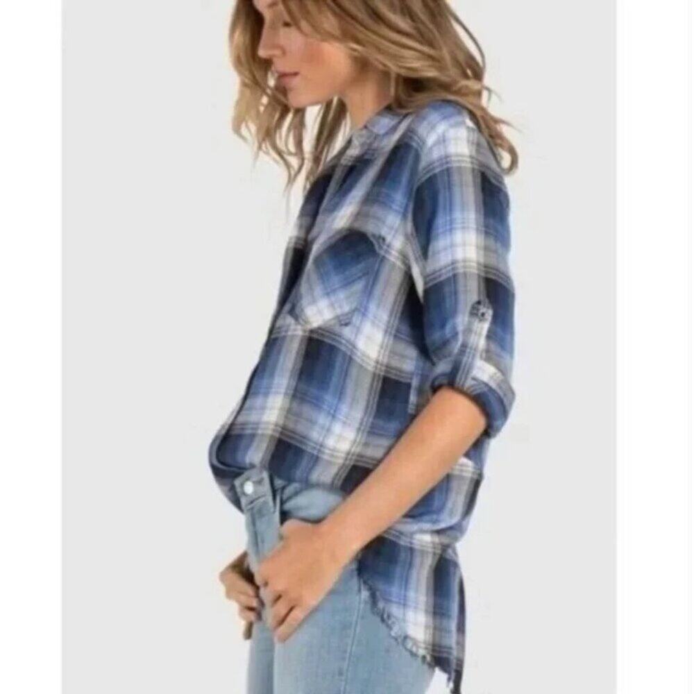 Cloth & Stone Anthropologie Top Women's Size Small Blue White Plaid Light Summer